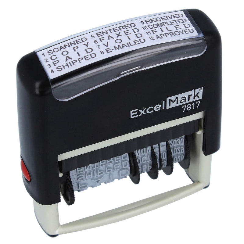 ExcelMark 12 Phrase Self-Inking Date Stamp - 2" x 1/4" Impression - Black Ink (7817)