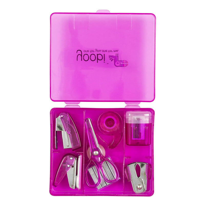 Yoobi Flat Mini Supply Kit | Includes Pencil Sharpener, Scissors, Stapler, Staple Remover, Staples, Tape Dispenser, Hole Puncher and Case | Pink 1 Pack