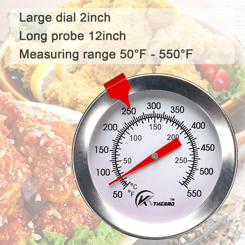 KT THERMO Deep Fry Thermometer With Instant Read,Dial Thermometer,12" Stainless Steel Stem Meat Cooking Thermometer,Best for Turkey,BBQ,Grill 12-Inch(1pack）