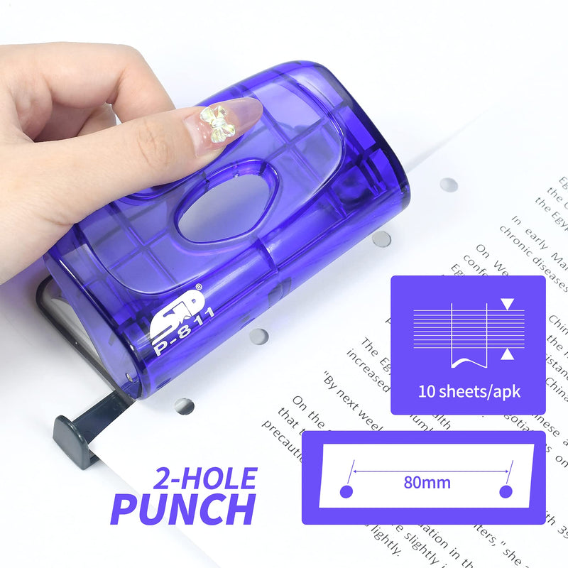 Weibo Heavy Duty 2-Hole Punch Tool, Adjustable, Hand Held Commercial Effortless Punching levenger Hole Puncher, 10 Sheet Punch Capacity, Purple