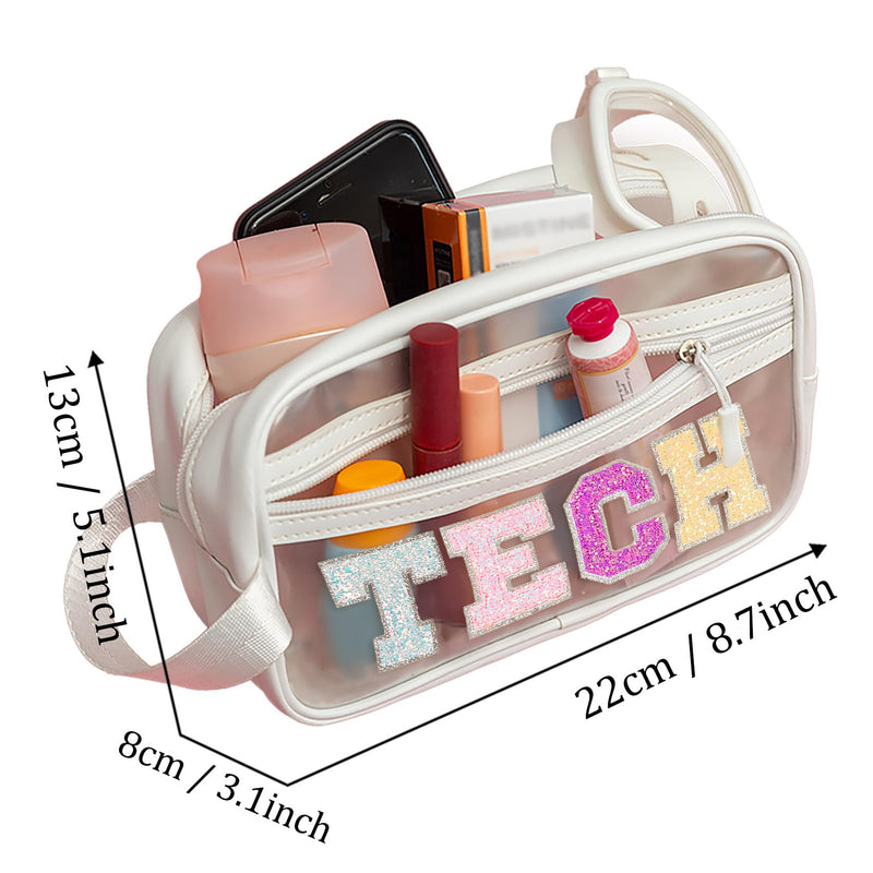 COSHAYSOO Clear Electronic Accessories Storage Bag Preppy Letter Patch Travel Pouch for Women Teens Girls, Cable Cord Charger Phone Earphone Organizer Trendy Traveling Must Have Essentials (TECH) White-TECH