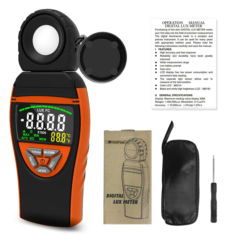 Light Meter HOLDPEAK 8801A Digital Illuminance/Light Meter 270 ° Rotate Sensor Head Range up to 400,000 Lux Data storag Color LCD Screen for Photography Grow Plants