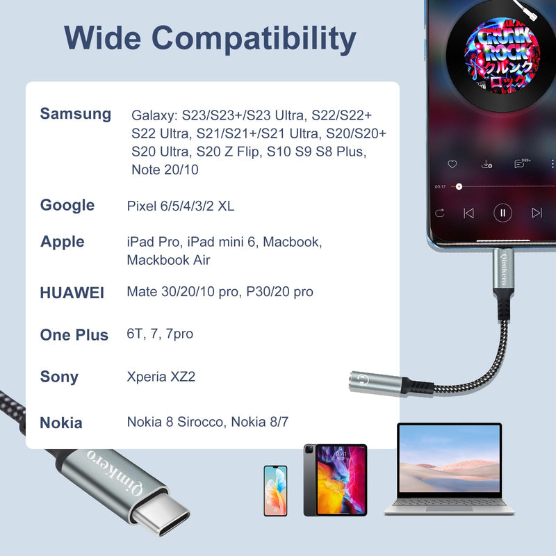 QimKero USB C Headphone Adapter Digital Audio, USB C to 3.5mm Audio Headphone Jack Adapter, Type C to 3.5mm for Samsung Galaxy S23 S23+ S22 S21 S20 Ultra Note 20 10, iPad Pro - 2 Pack