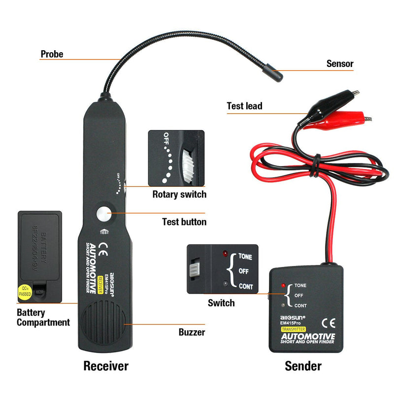 allsun em415Pro Automotive Electrical Open&Short Finder Circuit Tester Tone Generator Cable Wire Breaker Tracker Circuit Fault Finder DC 6-42V Probe Car Diagnostic Tools