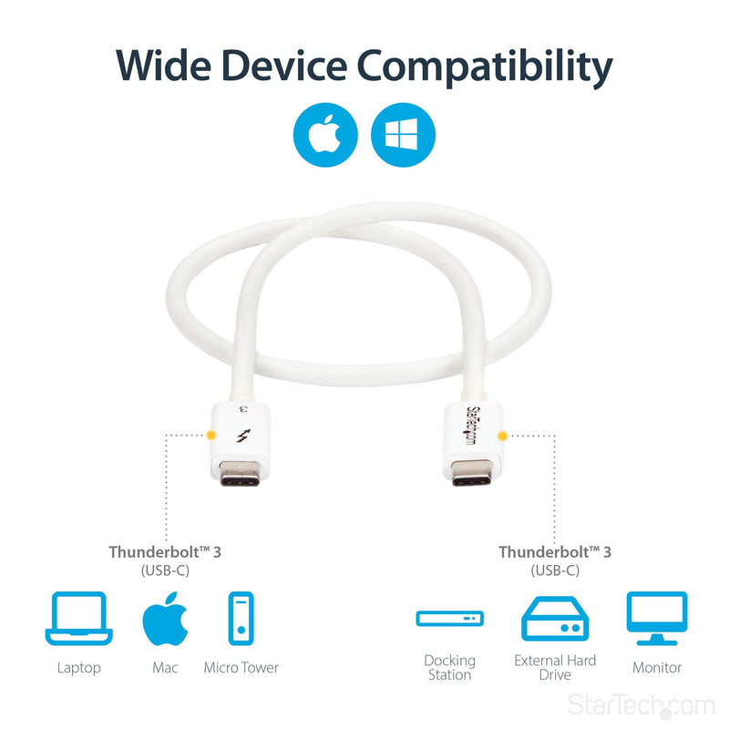 StarTech.com 40Gbps Thunderbolt 3 Cable - 1.6ft/0.5m - White - 5k 60Hz/4k 60Hz - Certified TB3 USB-C Charger Cord w/ 100W Power Delivery (TBLT34MM50CW) 1.5ft 40Gbps | White