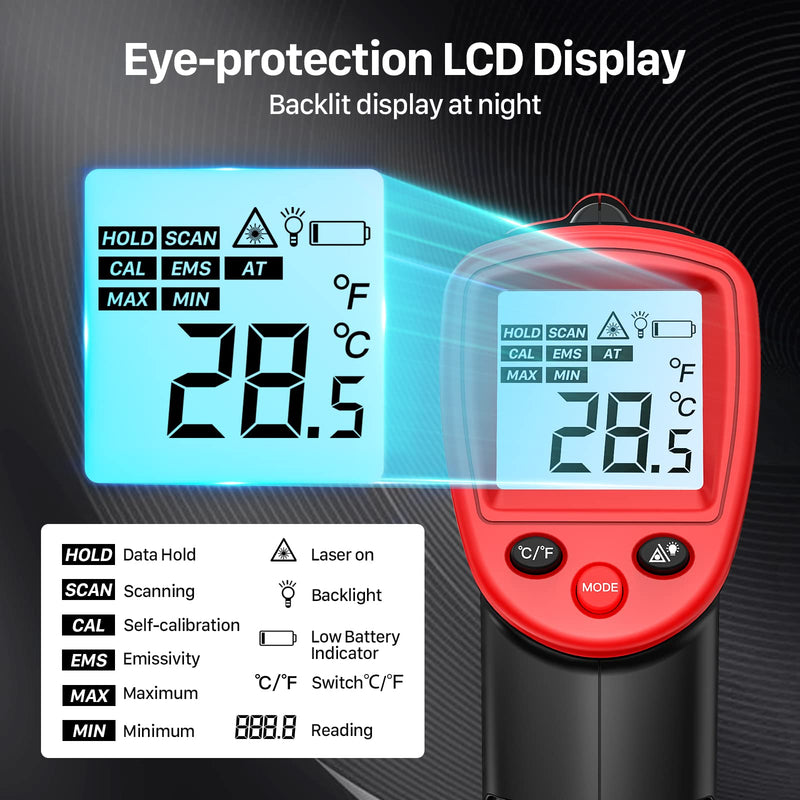 Infrared thermometer, Eventek IR laser thermometer, non-contact -50°C-420°C (-58°F - 788°F), digital temperature gun, non-medical, not for the human body, to measure the temperature red--50 °C~420°C (-58℉~788℉)
