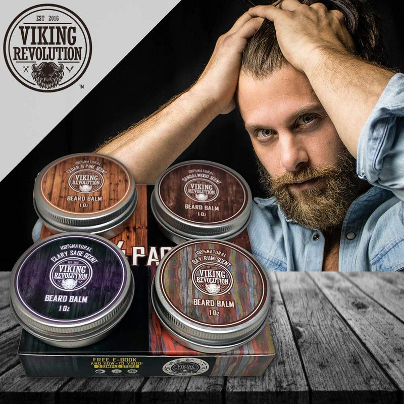 4 Beard Balm Variety Pack (1oz Each)- Sandalwood, Pine & Cedar, Bay Rum, Clary Sage- Styles, Strengthens & Softens Beards & Mustaches - Leave in Conditioner Wax for Men 1 Ounce (Pack of 4)