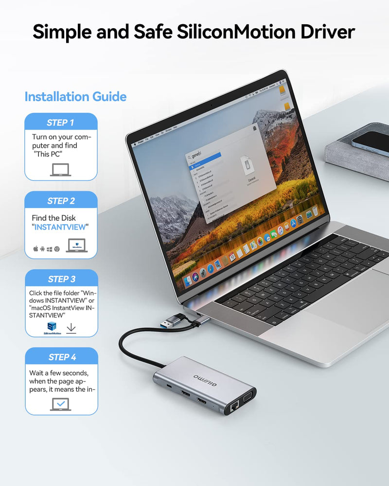 USB Docking Station Dual Monitor, GIISSMO 9-in-1 USB A 3.0 / USB C Docking Station Triple Monitor with 2 HDMI,VGA, 10Gbps USB 3.1, Gigabit Ethernet, Triple Display for Mac & MacBook & Windows Laptop Grey