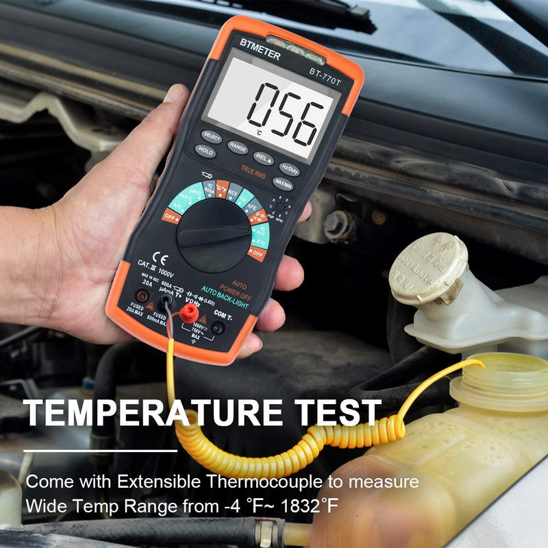 True RMS Digital Multimeter Tester 6000 Counts AC DC 20A Ohmmeter Voltmeter DMM Measure Voltage Current Amp Resistance Diodes Continuity Duty-Cycle Capacitance Temperature (BTMETER BT-770T) BT-770T Auto Ranging