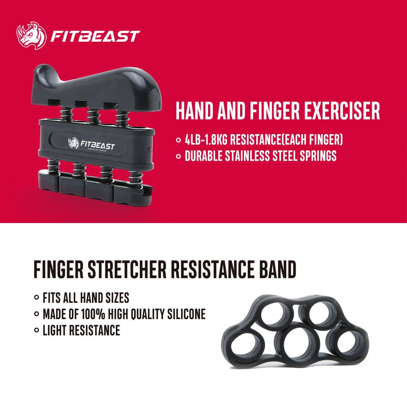 FitBeast Hand Grip Strengthener Workout Kit (5 Pack) Forearm Grip Adjustable Resistance Hand Gripper, Finger Exerciser, Finger Stretcher, Grip Ring & Stress Relief Grip Ball for Athletes Black