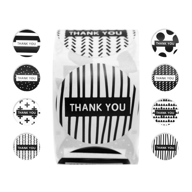 500PCS 1.5" Black and White Patterned Thank You Stickers | 8 Different Design Thank You Designs for Business Packaging, Thank You Labels for Gifts Bags, Boxes and Envelope Sealing