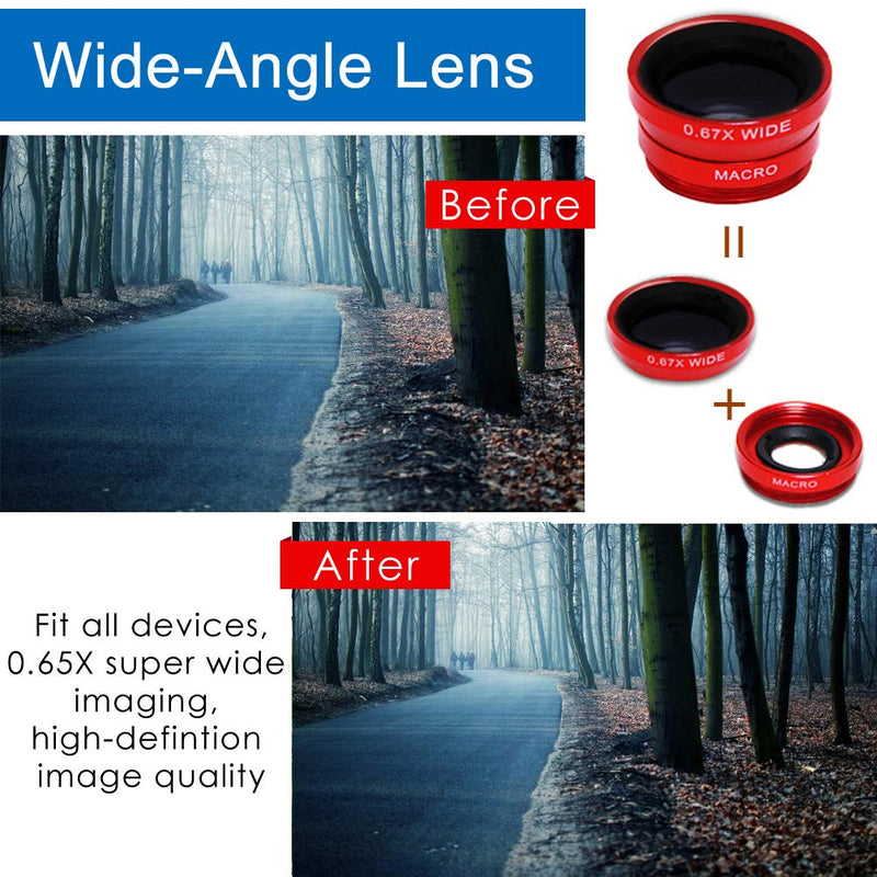 KINGMAS 3 in 1 Universal Fish Eye Lens + Wide-Angle Lens + Macro Clip Camera Lens Kit for iPad iPhone Samsung Android and Most Smartphones red