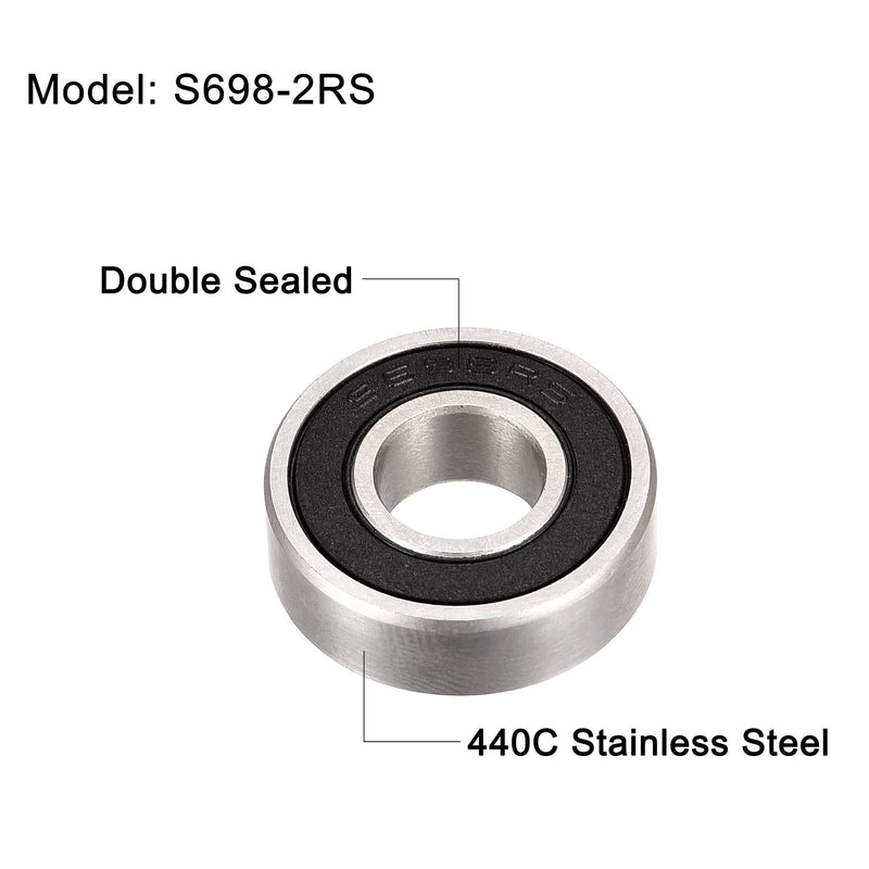uxcell S698-2RS Stainless Steel Ball Bearing 8x19x6mm Double Sealed Bearings 2pcs 2