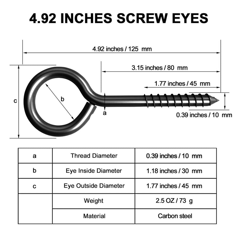 5 Inch Eye Hooks, Eye Bolts Screw in Hooks Stainless Steel, 4 Pcs, Black
