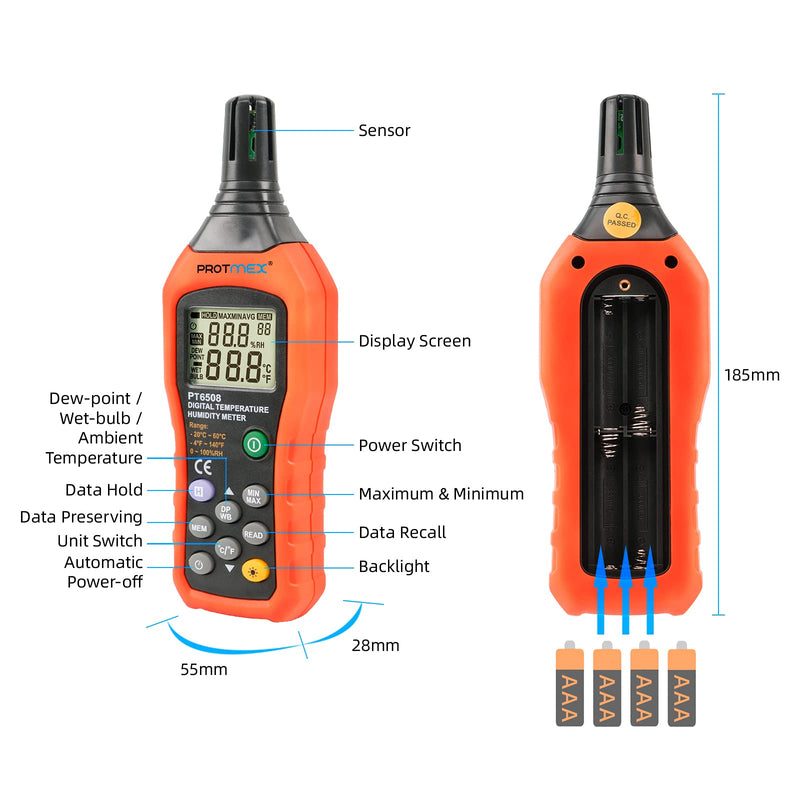 Protmex PT6508 Temperature Humidity Meter Thermometer Hygrometer with Ambient,Dew Point, Wet Bulb for Indoor and Outdoor, Min/Max Hold, LCD Backlight