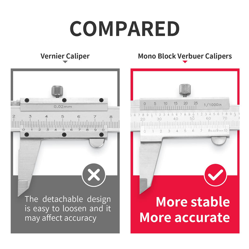 Stainless Steel Calipers 0-8" Thickened Mono-Block Vernier Caliper Inch/Metric 0-8" Range +/-0.02 Accuracy 0.02/0.001" Resolution Slide Calliper Rule Depth Gauges DRINYOUNG 0-8‘’