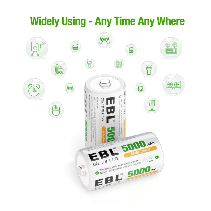 EBL C Size C Cell 5000mAh Ni-MH Rechargeable Batteries, Pack of 2 2 Pack