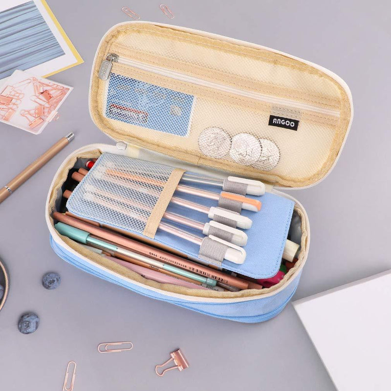 iSuperb Foldable Pencil Case Zipper Big Capacity Canvas Pencil Pouch Stationery Organizers Pen Bag Compartments Cosmetic Makeup Bags for Women Blue+Beige
