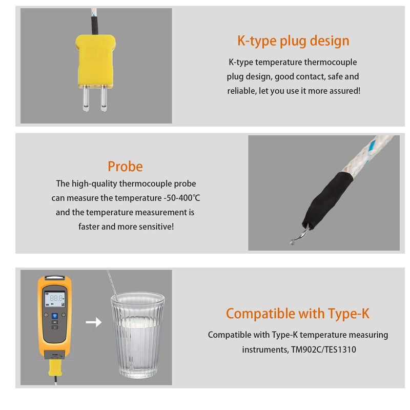 3 Meters K Type Mini-Connector Thermocouple Temperature Probe Sensor Temperature Sensing Line K Type Thermocouple Wire Measure Range -50 to 400 Celsius, Compatible with TM902C/ TES1310 (10 Pieces) 10
