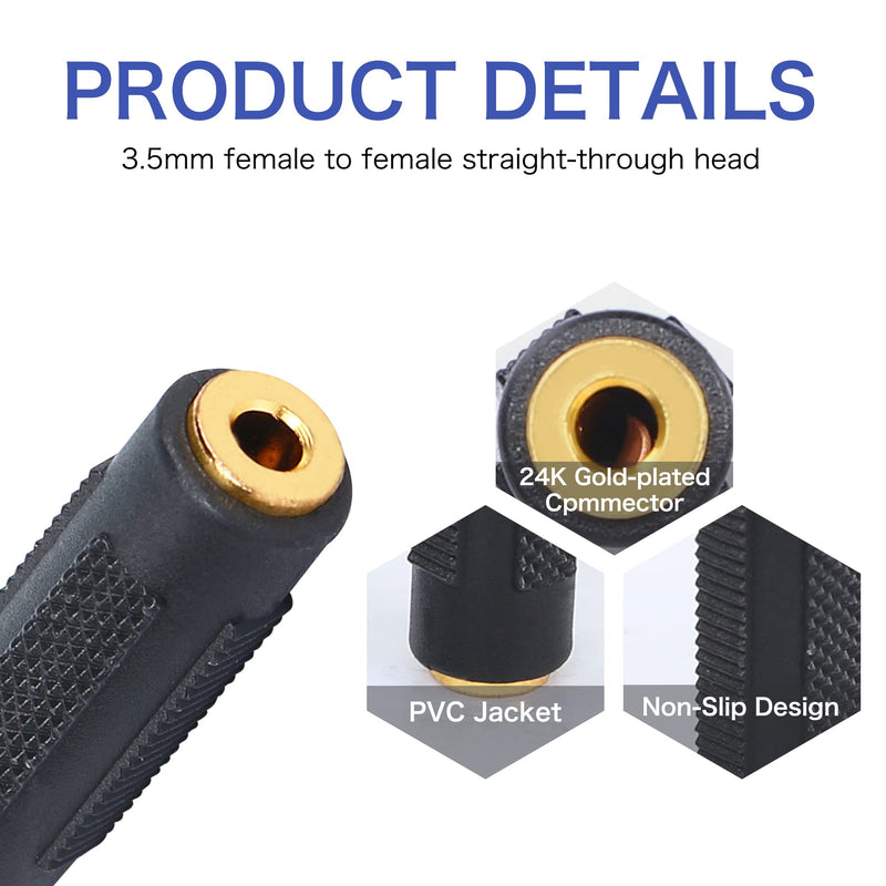 QIANRENON 3.5mm Stereo Audio Jack to 3.5mm Adapter Female to Female Connector Coupler for Stereo Cable Speaker & Headphone etc Gold Plated 2 Pack