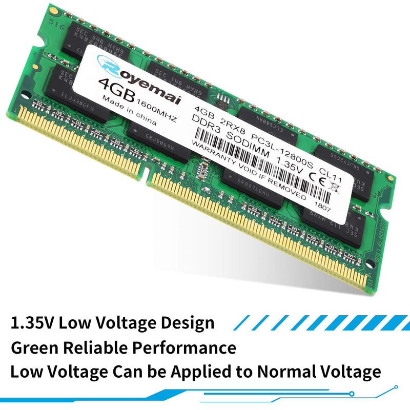 4GB DDR3 / DDR3L 1600MHz SODIMM RAM, Royemai PC3L-12800 2Rx8 1.35V 1.5V CL11 204-pin Notebook Laptop RAM Memory Module DDR3L 12800 1x4G-12800SL-Green