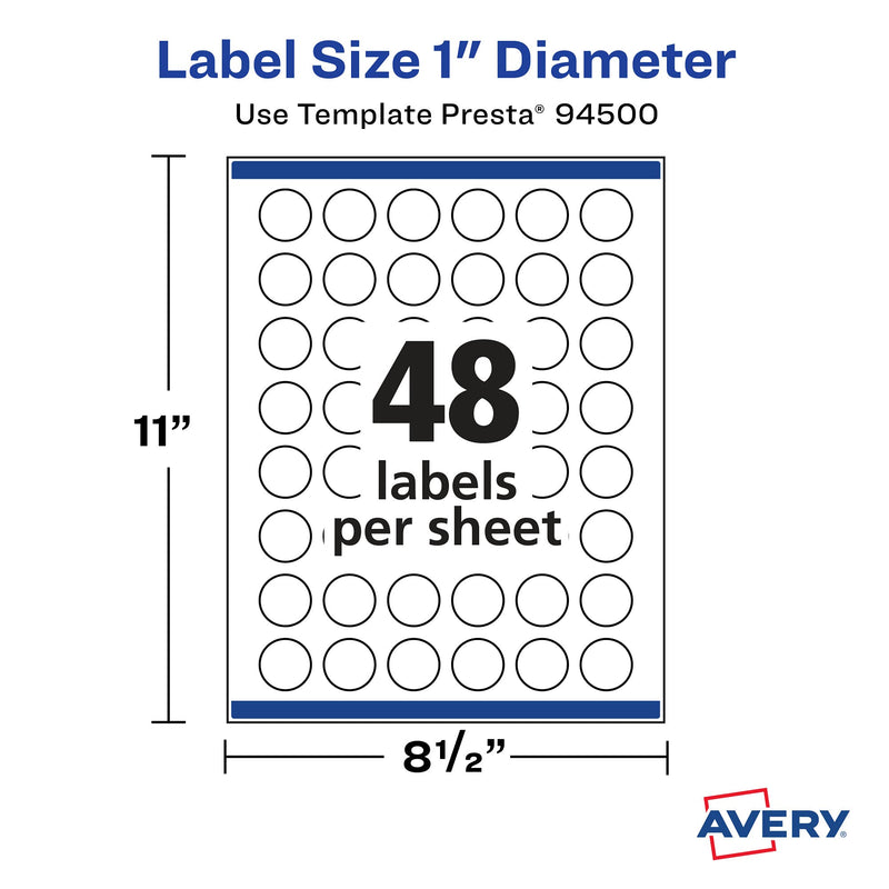 Avery Matte White Round Labels with Sure Feed, 1" Diameter, 1,200 Matte White Printable Labels 1,200 Labels