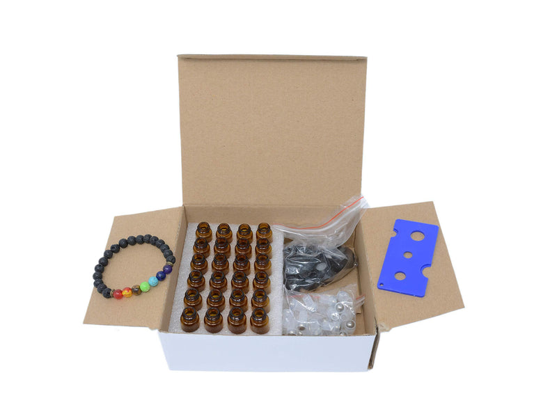24pcs 5mL Roller (1.35 dram) Amber Glass Stainless Steel Roller Bottle 5cc Vial Small Essential Oil Bottle Travel Must + a 7 Chakra Lava Bead Bracelet for essential oil diffusing & insert removal tool