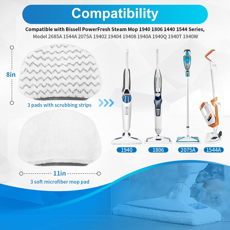 KEEPOW 6 Pack Washable Steam Mop Pads Replacement for Bissell Powerfresh 1940 1544 1440 Series Steam Mop, Model 1544A, 2075A, 1806, 5938, 1940W, 19404, 1940A