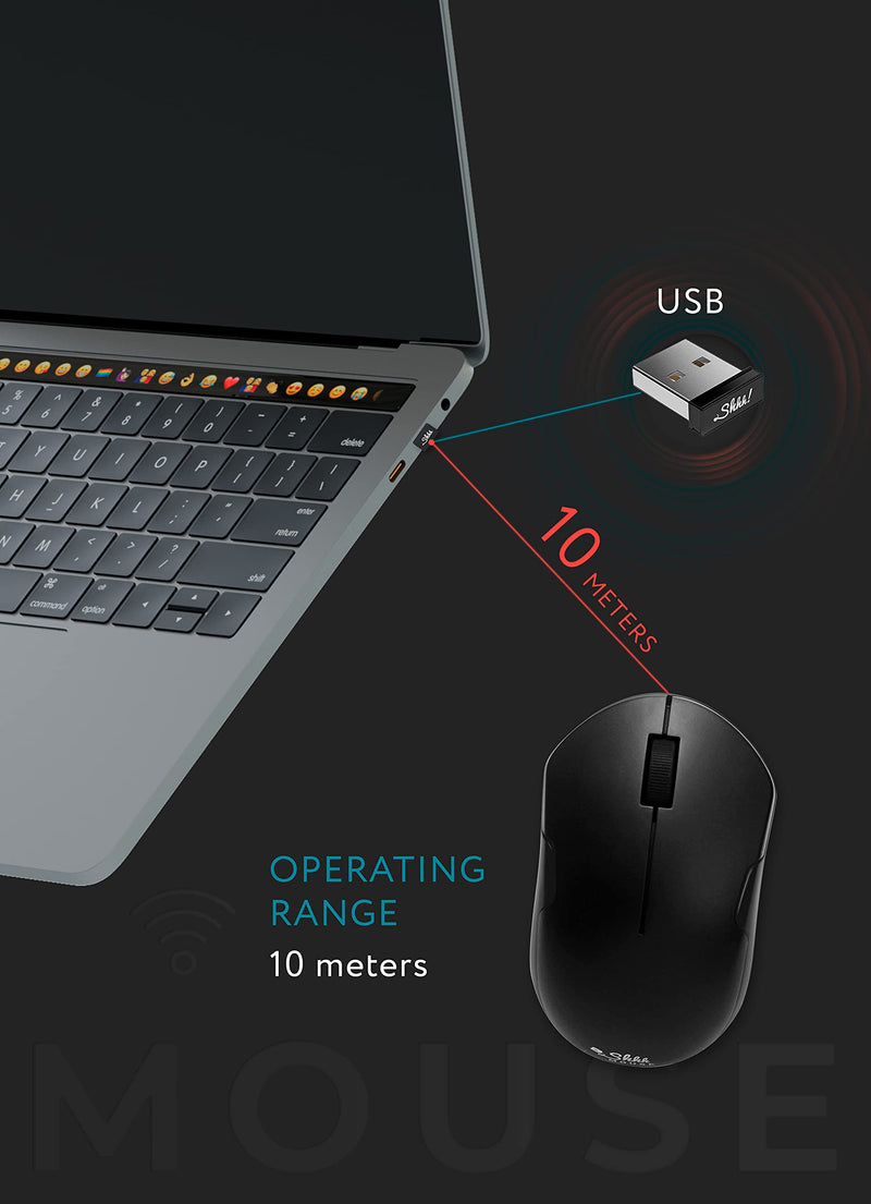 ShhhMouse Wireless Silent Noiseless Clickless Mobile Optical Mouse with USB Receiver and Battery Included, Portable and Compact, for Notebook, PC, Laptop, Computer, MacBook (Black) Black