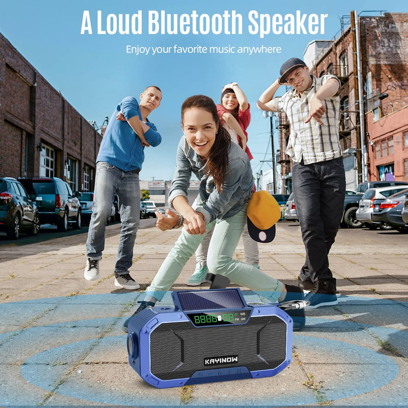 KAYINOW Emergency NOAA Weather Alert Radio - w/Bluetooth Speaker, IPX5 Waterproof, Hand Crank Solar Radio AM FM, 5000mAh Battery Backup, Portable for Home Camping Survival,SOS,Phone Charger,Flashlight Blue