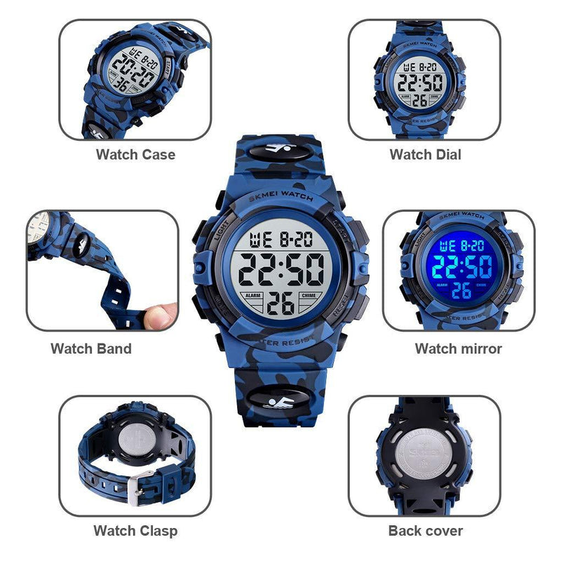 Boys Watch Digital Sports Waterproof Electronic Childrens Kids Watches Alarm Clock 12/24 H Stopwatch Calendar Boy Girl Wristwatch Blue Camo