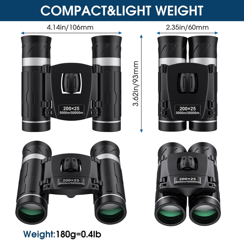 200x25 Compact Binoculars for Adults and Kids, High Powered Mini Pocket Binoculars, Waterproof Small Binoculars for Bird Watching, Hunting, Concert, Theater, Opera, Traveling, Sightseeing 200x25 Black