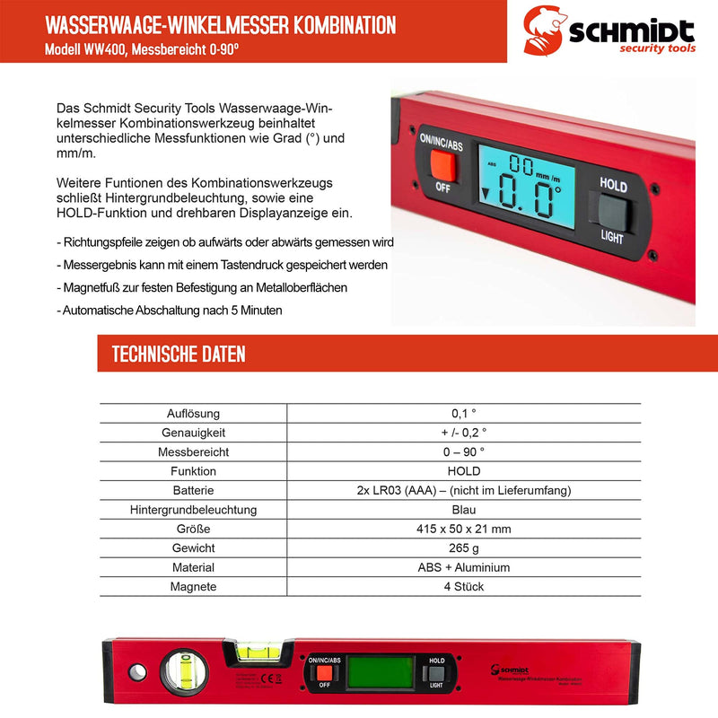 SCHMIDT security tools spirit level protractor digital LCD angle measuring device magnetic inclinometer protractor 0-90° model WW400