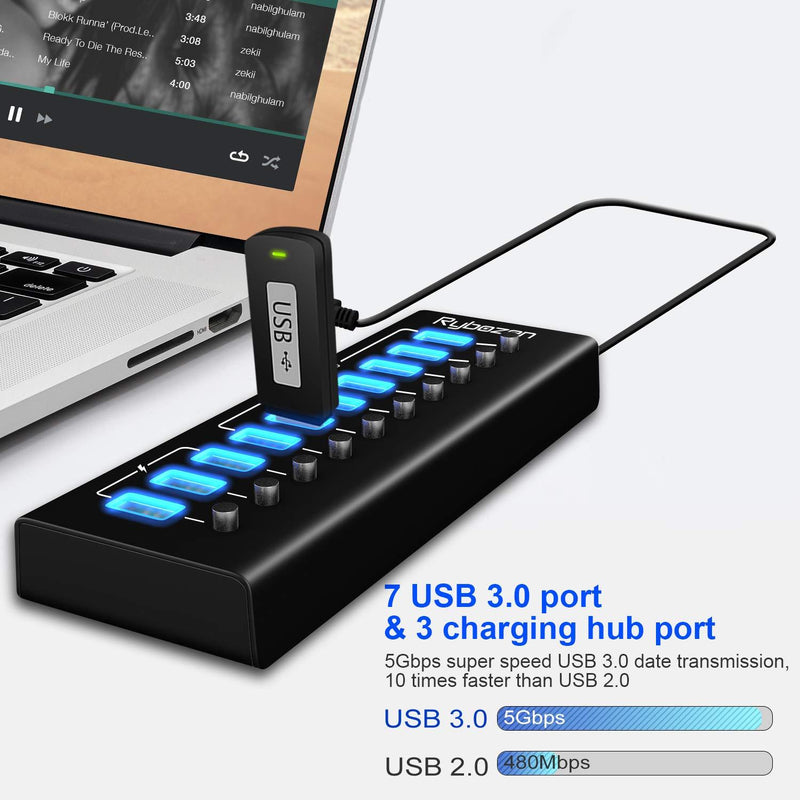 Rybozen Powered USB Hub,10-Port USB 3.0 Hub with 7 USB 3.0 Data Ports + 3 USB Smart Charging Ports,LEDs Individual Switches and Power Adapter for Keyboard, Mouse, Printer, Hard Drivers 10 Port black