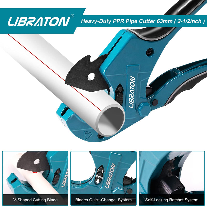 Libraton PVC Cutter, Up to 2-1/2", PVC Pipe Cutter 2 Inch, ABS Pipe Cutter, Ratchet Pipe Cutter Heavy-Duty, Pex Cutting Tool, PEX Pipe Cutter for Cutting PEX, PVC, PPR Plastic Hoses and Plumbing Pipe