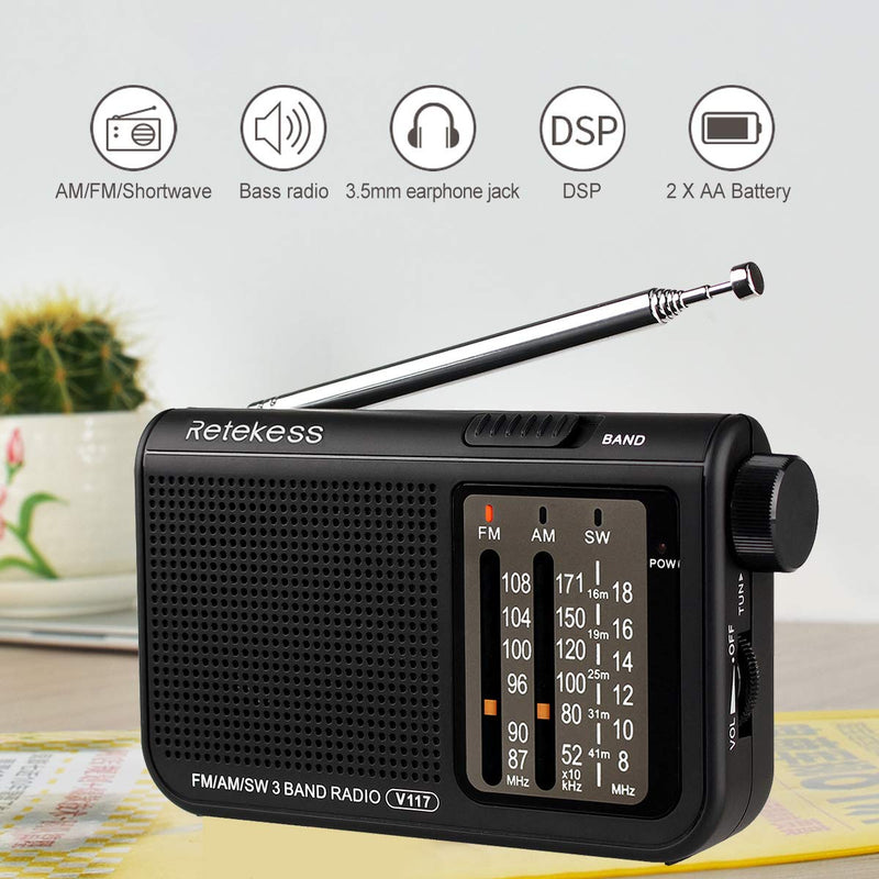 Retekess V117 Analog AM FM Radio, Transistor Radio Battery Operated, with Large Knobs and Clear Dial, Simple Operation Suitable for Indoor Elderly Senior