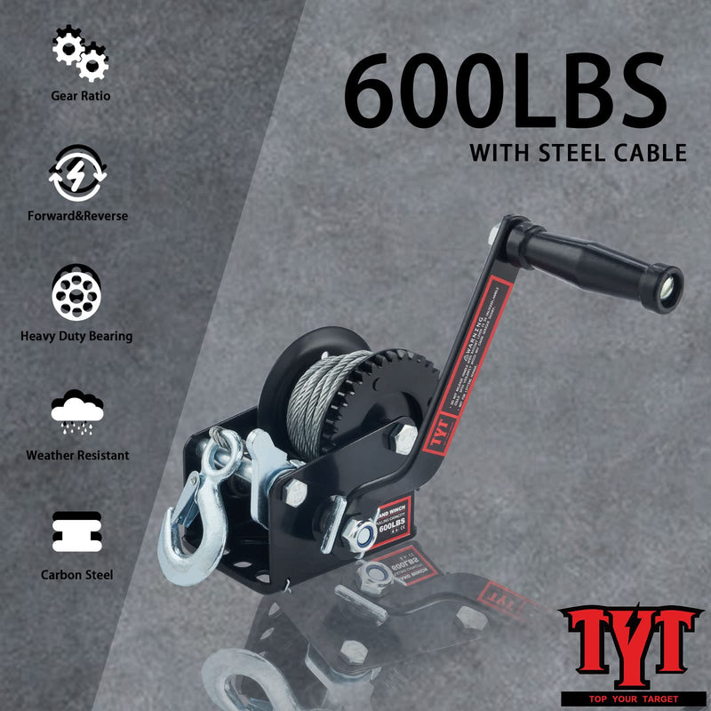 TYT 600LB Boat Trailer Winch with 6M Steel Wire, Hardened Steel Gear Heavy Duty Hand Winch, Operated Two-Way Ratchet Cable Winch, Ratio 3.2:1 Crank Small Winch for ATV UTV Marine Jet Ski Trailer Winch 600lb Cable Winch - Black
