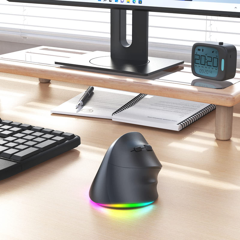MEETION Ergonomic Mouse, Wireless Vertical Mouse RGB Backlit Rechargeable Mice for Bluetooth(5.2 + 3.0) & USB-A with USB-C Adapter 4 Adjustable DPI Compatible Mac/Windows/Andriod/PC/Tablet/iPad Black Medium-Large Right-Handed