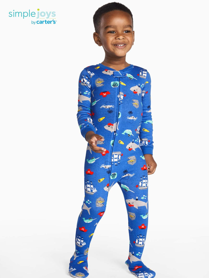 Simple Joys by Carter's Boys' 3-Pack Snug Fit Footed Cotton Pajamas 6-9 Months Blue/Teal Blue/White, Cars/Crab