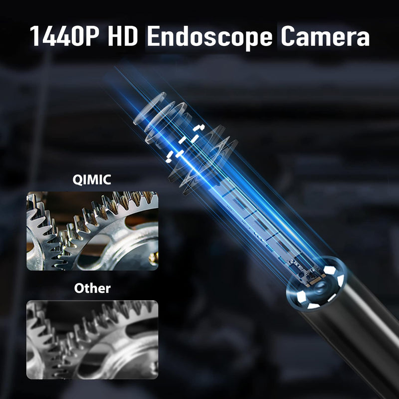 Endoscope camera with light, QIMIC industrial endoscope 1440P HD inspection camera sewer camera pipe camera with 6 LEDs, 2.4" IPS screen IP67 waterproof, semi-rigid cable 16.4FT, 2600mAh battery 5M