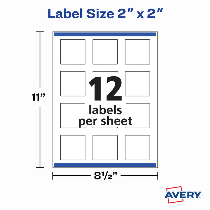Avery Printable Blank Square Labels, 2" x 2", Glossy White, 120 Customizable Labels (22565)