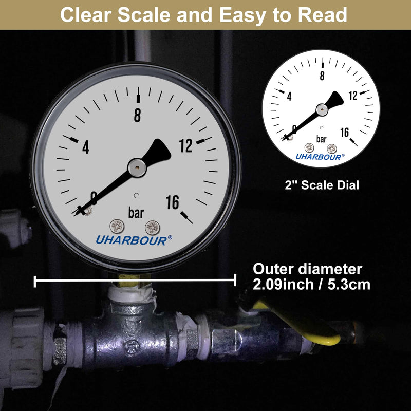 UHARBOUR pressure gauge water 0-16 bar, pressure gauge 1/4 inch, pressure gauge compressed air lower bracket, compressed air pressure gauge 1/4 BSP brass connection