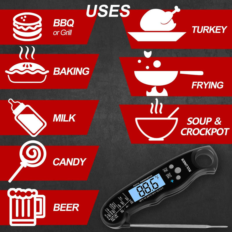 KULUNER TP-01 Waterproof Digital Instant Read Meat Thermometer with 4.6” Folding Probe Backlight & Calibration Function for Cooking Food Candy, BBQ Grill, Liquids,Beef(Black) black