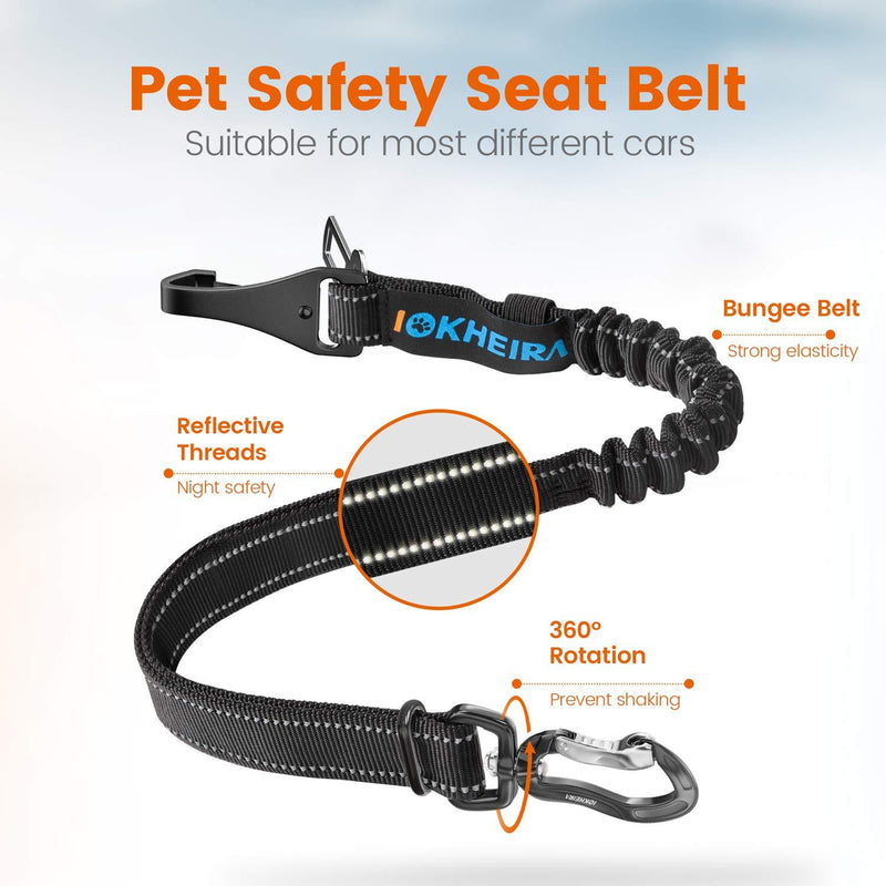 IOKHEIRA Dog Seatbelt, Updated Dog Seat Belt, Adjustable Dog Seatbelt Harness, Reflective Bungee Dog Car Seatbelt with Hook& Buckle, Dog Car Seat Belt with Aviation Aluminum Alloy Swivel Carabiner Black