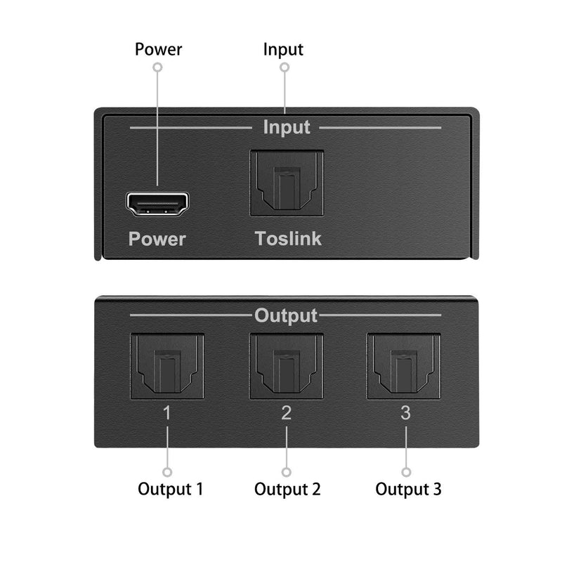 3 Port Toslink Splitter, Digital Optical Audio Splitter 1 Input 3 Output, SPDIF Toslink Fiber Audio Splitter Support LPCM 2.0/DTS/Dolby Digital, for Amplifier, Sound bar, Xbox, PS4, Blue-Ray, DVD Ect