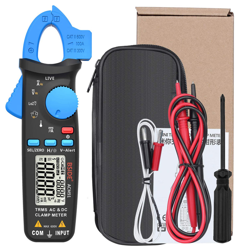 Bside ACM91 1mA Clamp Meter DC/AC Current True RMS Auto-Ranging 6000 Counts Multimeter Live Check V-Alert Temperature Capacitance Frequency Tester with Back Clip Blue