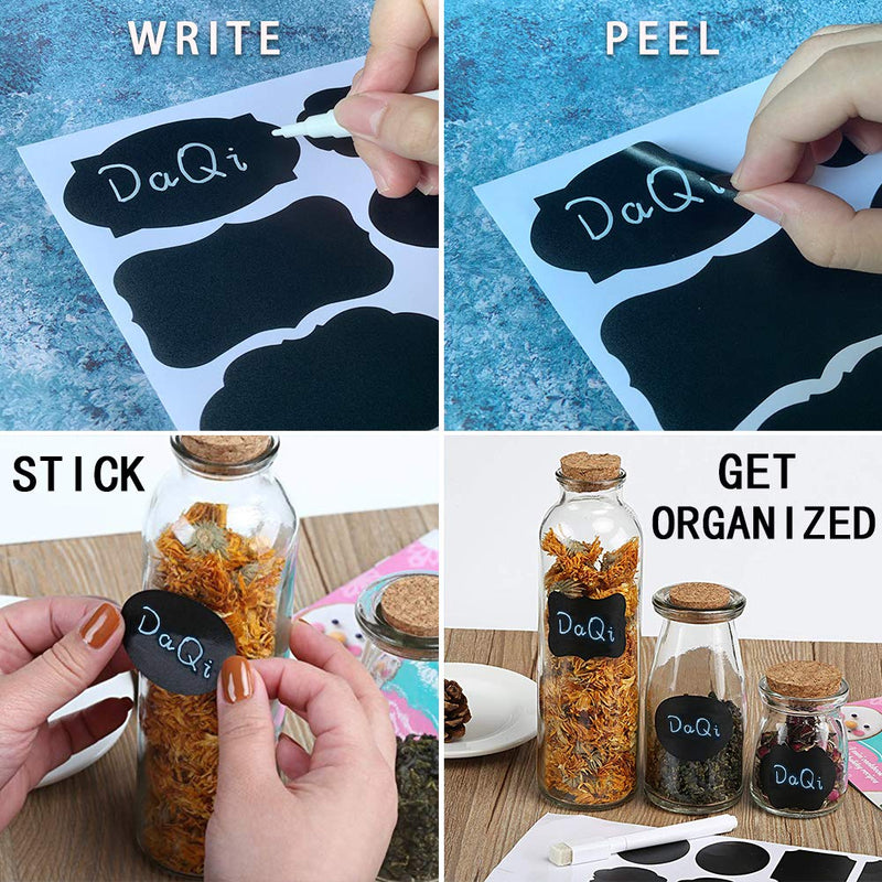 DaQi Chalkboard Labels Premium Bundle - 115 Reusable Label Stickers + Erasable White Chalk Pen - Waterproof Removable Pantry Labels for Mason Jars,Organizing Home,Kitchen and Office