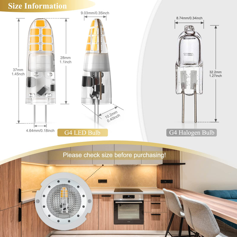 DiCUNO G4 LED warm white, 2W LED bulb replaces 20W halogen, G4 LED bulb 3000K, 200LM, 360°, no flickering, not dimmable, pin base lamp 12V AC/DC, under-cabinet lights, extractor hood, pack of 10 warm white 3000k