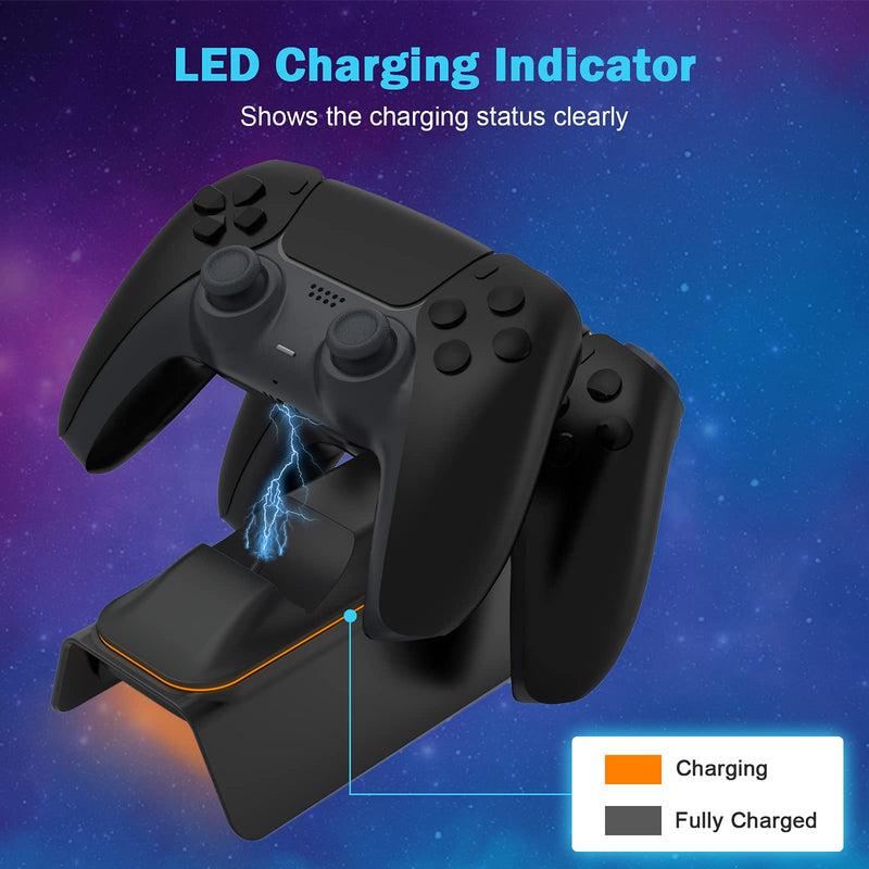 NexiGo Enhanced PS5 Controller Charger with Thumb Grip Kit, Fast Charging AC Adapter, DualSense Charging Station Dock for Dual Playstation 5 Controllers with LED Indicator, Black