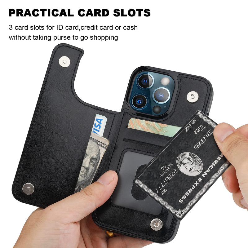 ONETOP Compatible with iPhone 13 Pro Wallet Case with Card Holder, PU Leather Kickstand Card Slots Case, Double Magnetic Clasp Durable Shockproof Cover 6.1 Inch(Black) Black